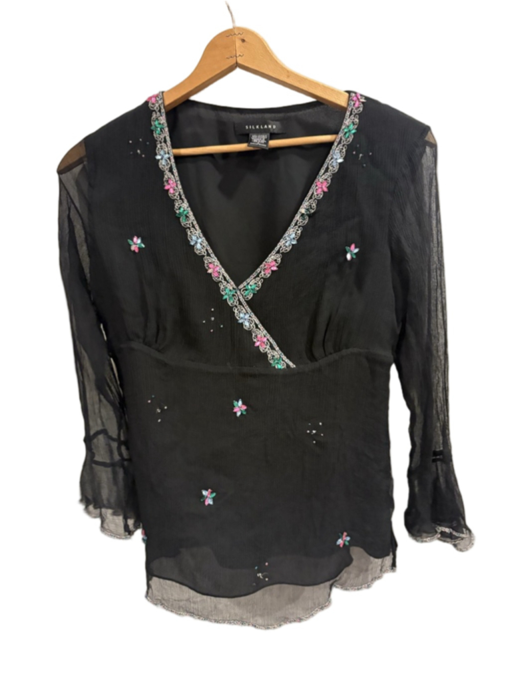 Vintage Silkland Y2K Whimsigoth Black Sheer Silk Beaded Blouse Top